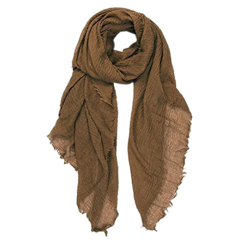 XRDSS Summer Cotton Blend Crinkle Vintage Soft Scarf with Fringed Edges 35" Ã— 70" (Brown) - Image 1